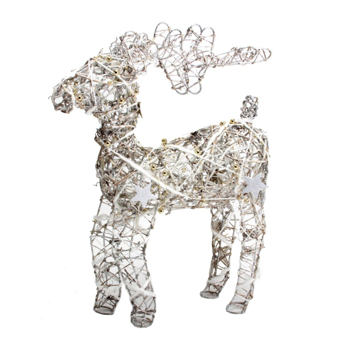 Preview: Der wunderschöne silberne LED Rentier aus Rattan mit goldenen und weißen Dekoelementen - Sehr edle Weihnachtsdekoration - Batteriebetrieben