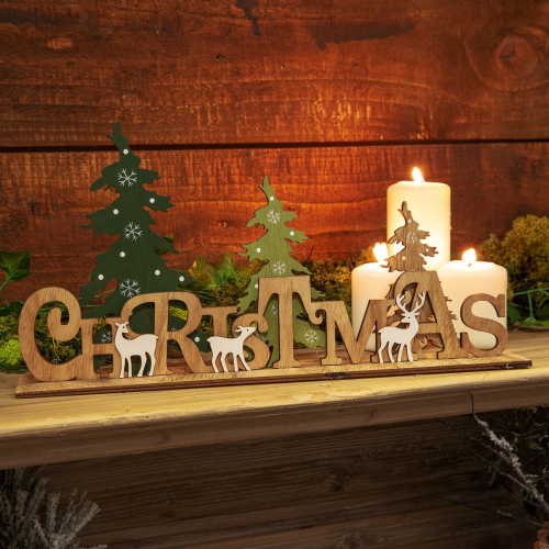 Schriftzug Christmas mit Winterwald, Weihnachtsdeko Holz
