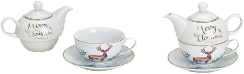 Preview: Tea for One - Porzellan Tee & Kaffee Set - 3 in Eins - Merry Christmas mit Hirsch