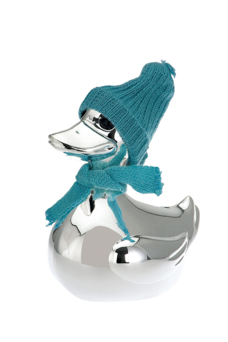 Spardose Ente Silber glänzend mit Mütze und Schal