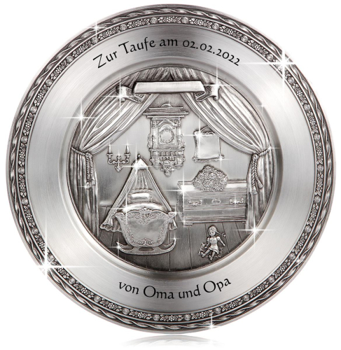 Preview: Zinnteller zur Geburt und Taufe  incl. Gravur! Geburtenteller