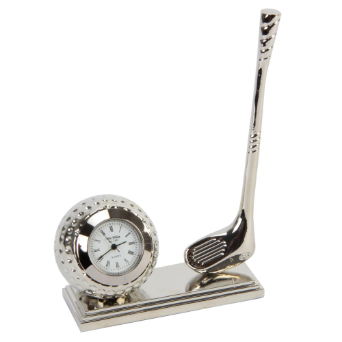 Preview: Miniatur Schreibtischuhr Golfball mit Schläger - Miniuhr