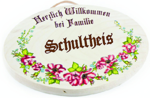 Preview: Türschild Holz mit Blumen und Gravur - Holzschild Familie