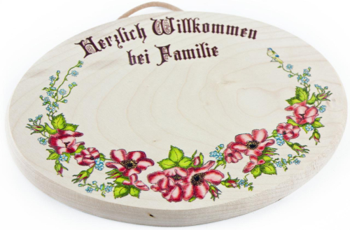 Türschild Holz mit Blumen und Gravur - Holzschild Familie