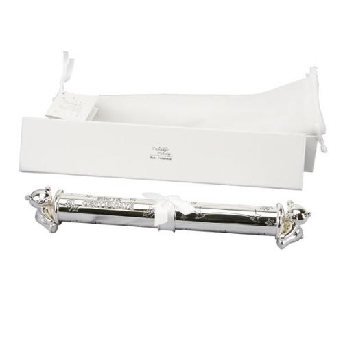 Die silberne Twinkle Rolle für die Geburtsurkunde - Taufgeschenk Geburtsurkundenrolle mit Bärchen Versilbert