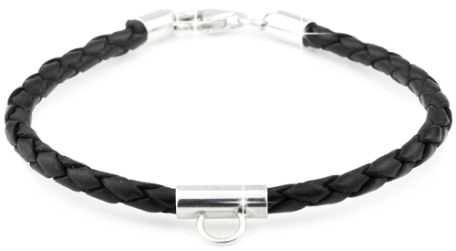 Das schöne Charm Bettelarmband aus schwarzem Leder mit Silbereinsatz 925