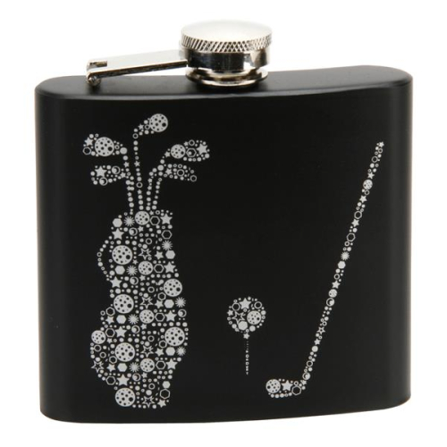 Der Design Flachmann mit silbernen Golfmotiven in schwarzer Geschenkbox