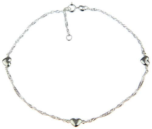 Die schöne Singapur Fußkette mit 3 Herzen in echt Silber - Schmuck für Mädchen und Frauen