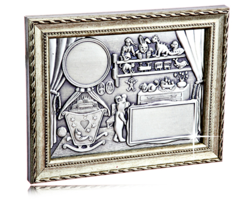 Die schöne Geburtentafel aus Zinn im Schmuckrahmen - Geburtsrelief mit Silberrahmen - Zwillingstafel zur Geburt incl. Gravur, Zinnrelief