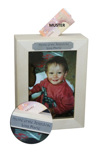 Preview: Die geniale Spardose mit Fotorahmen und persönlicher Gravur - Fotospardose
