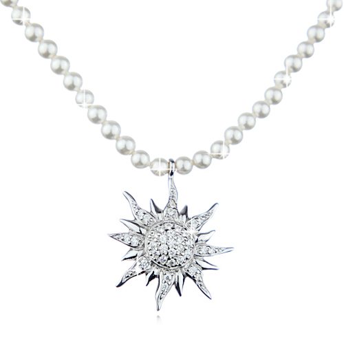 Wunderschöne Perlenkette mit Strass Silberanhänger, Trachtenkette, Kette mit Sonne