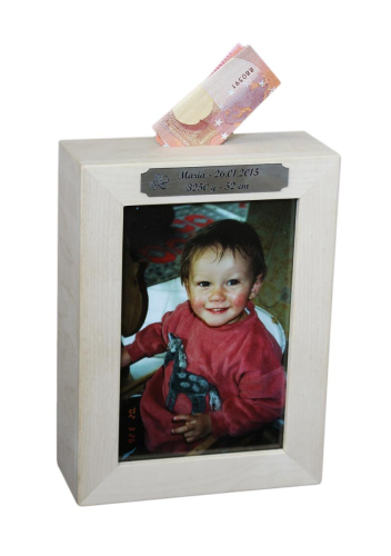 Preview: Die geniale Spardose mit Fotorahmen und persönlicher Gravur - Fotospardose