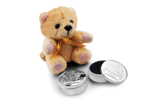 Preview: Das süße Geschenkset Zahndose, Lockendose und Teddybär  Versilbert