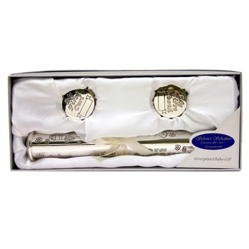 Preview: 3 teiliges Geschenkset zur Geburt - Versilberte Zahn und Lockendose mit Geburtsurkundenhalter!