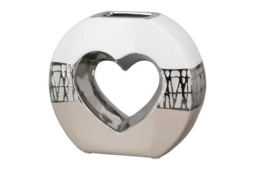 Gilde Vase Pico Rund, Handarbeit, Beige-Weiß mit Silberfarbenen Akzenten, 18,5 x 16,5 x 7 cm