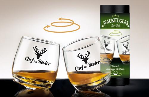 Gläserset "Chef im Revier", Wackelglas, Whiskybecher im 2-er Set