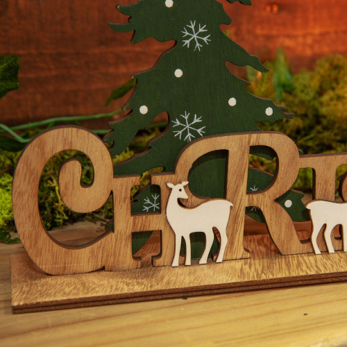 Preview: Schriftzug Christmas mit Winterwald, Weihnachtsdeko Holz