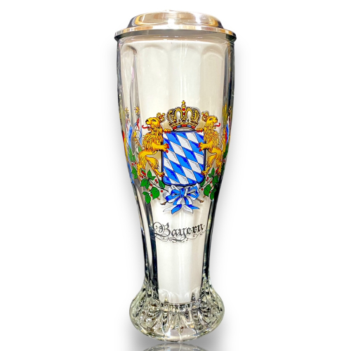 Weizenbierglas mit Sternboden, farbiger Bayernraute und Zinndeckel-Weißbierglas