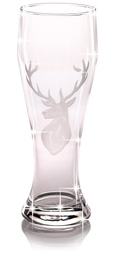Kristall Weizenbierglas mit großer Hirschgravur, Bierglas Hirschkopf mit Geweih