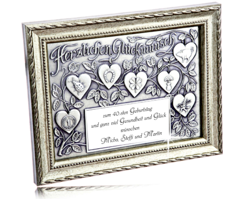 Preview: Das schöne Zinnrelief im silber antikem Rahmen " Herzlichen Glückwunsch" mit Glückssymbole incl. Gravur - Zinnrelief für viele Anlässe mit Glückssymbolen und persönlicher Gravur