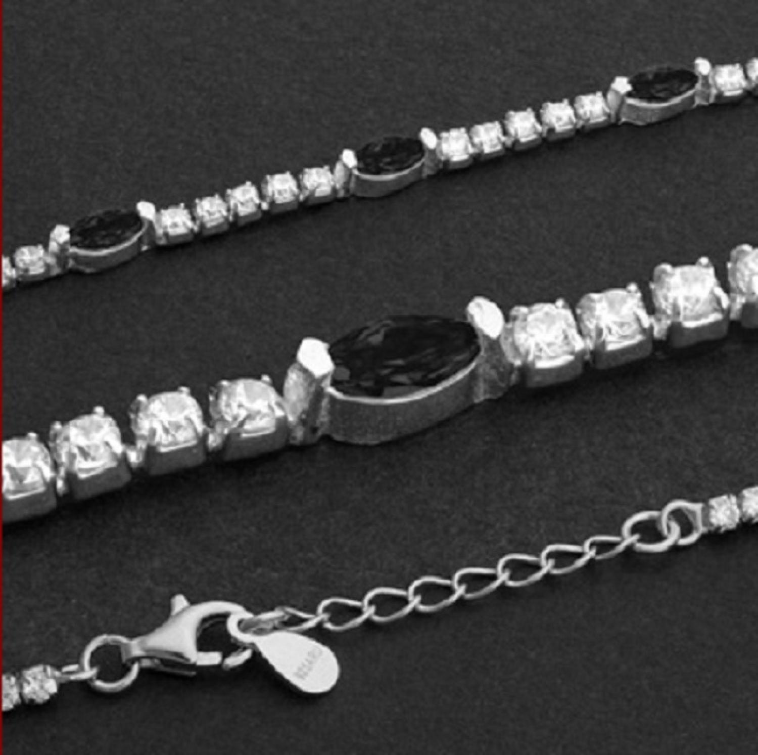 Tennisarmband Echt Silber mit runden Zirkonia und schwarze Navettensteinen