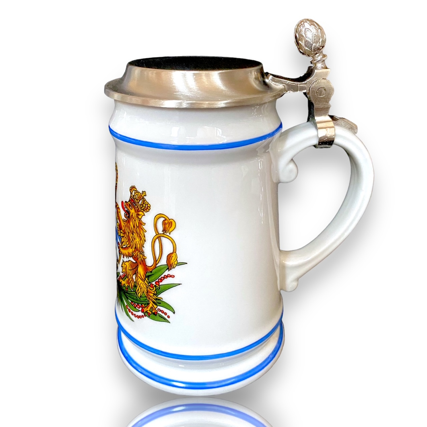 Bierkrug Bayernwappen mit Zinndeckel-Porzellankrug-Gravurfähig