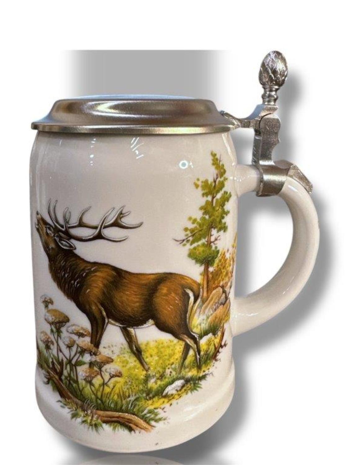Bierkrug Hirsch und Fuchs mit Zinndeckel, Porzellankrug Waldtiere - Gravurfähig