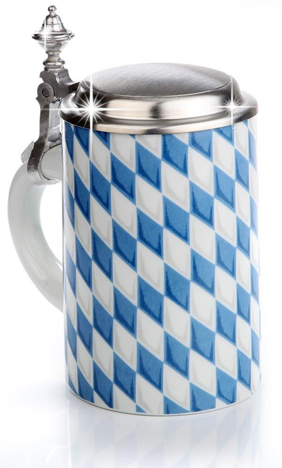 Bierkrug mit Bayernrauten und Flachzinndeckel- Porzellankrug