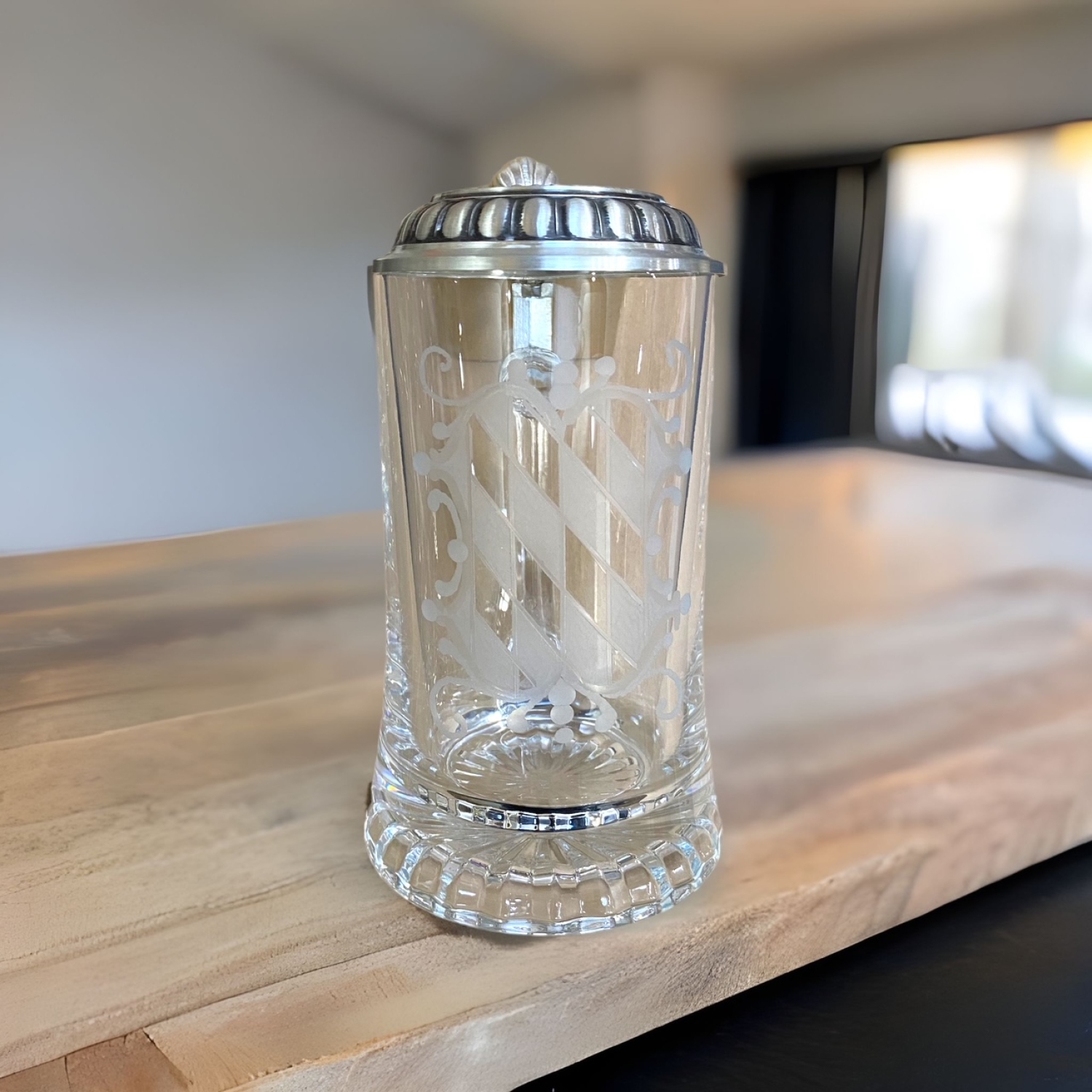 Bierkrug Glas mit Bayernraute und Zinndeckel - Glasbierseidel 0.5l