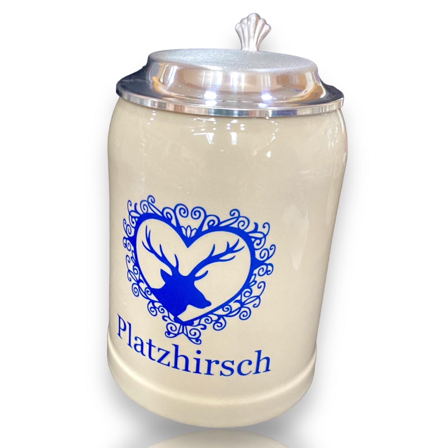 Bierkrug Platzhirsch mit Zinndeckel -  Porzellankrug