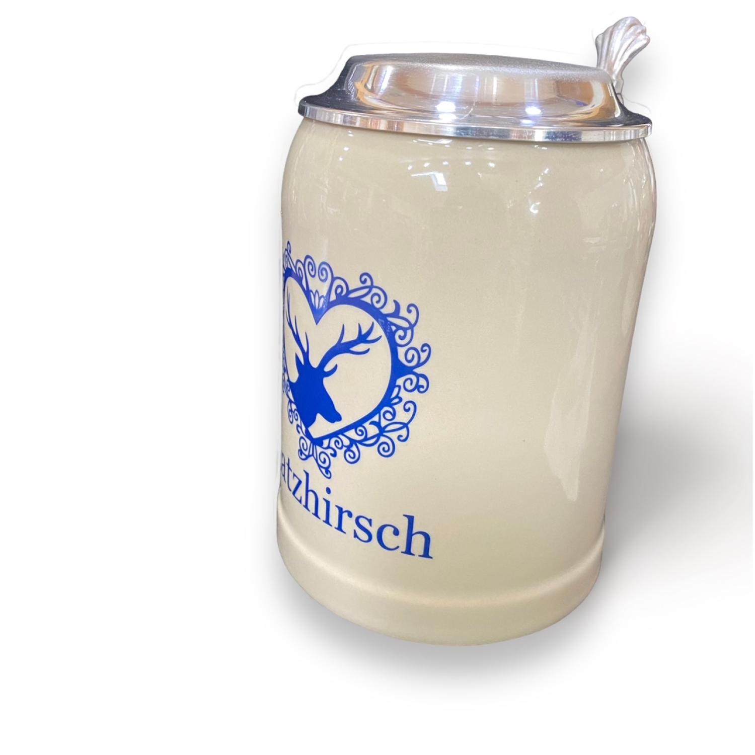Bierkrug Platzhirsch mit Zinndeckel -  Porzellankrug