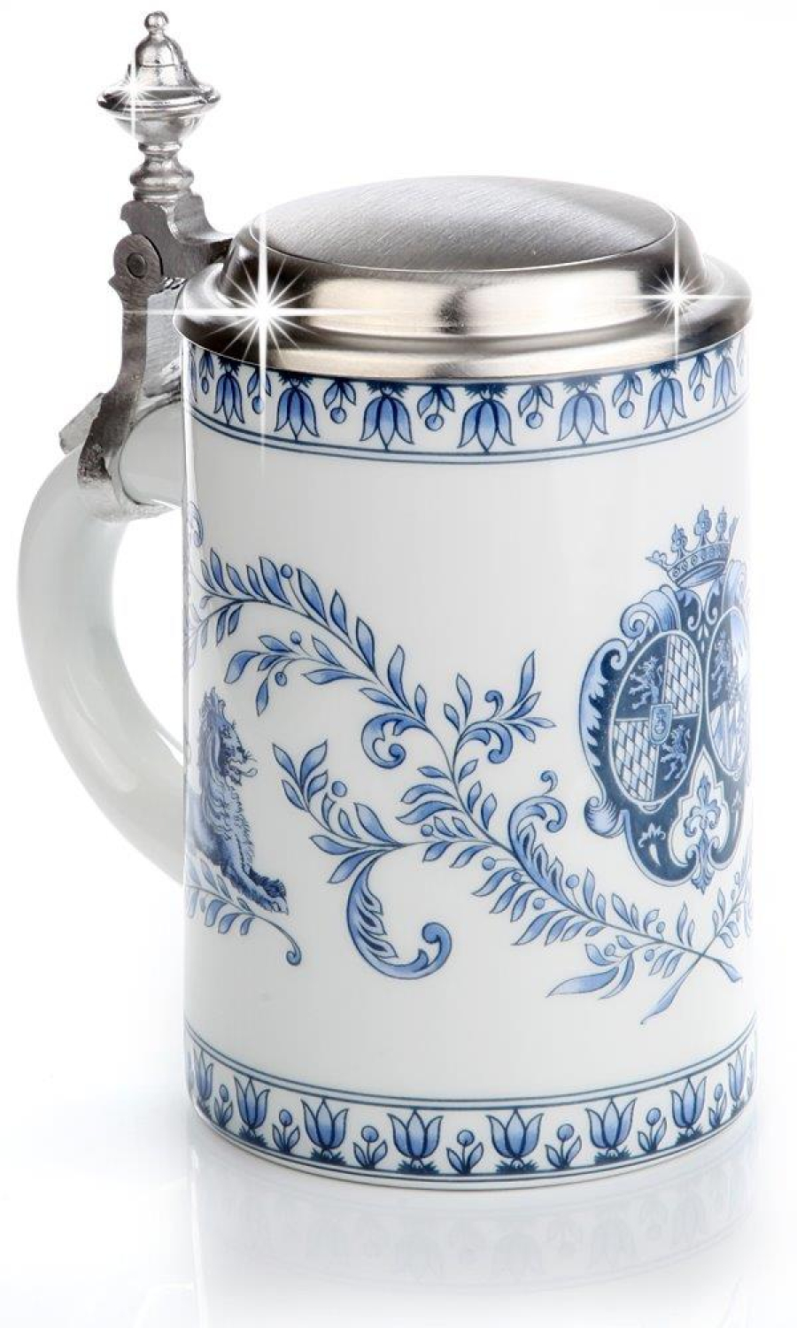 Bierkrug Blauserie mit Zinndeckel, Porzellankrug, Tonnenkrug 0,5 l