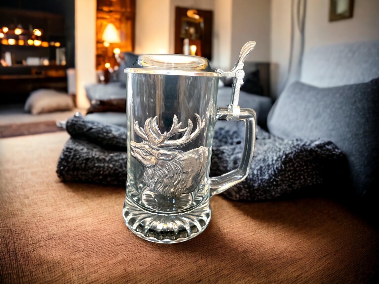 Glaskrug, Bierseidel, Bierkrug mit Zinndeckel und Hirschkopf - Bierkrug Hirschkopf