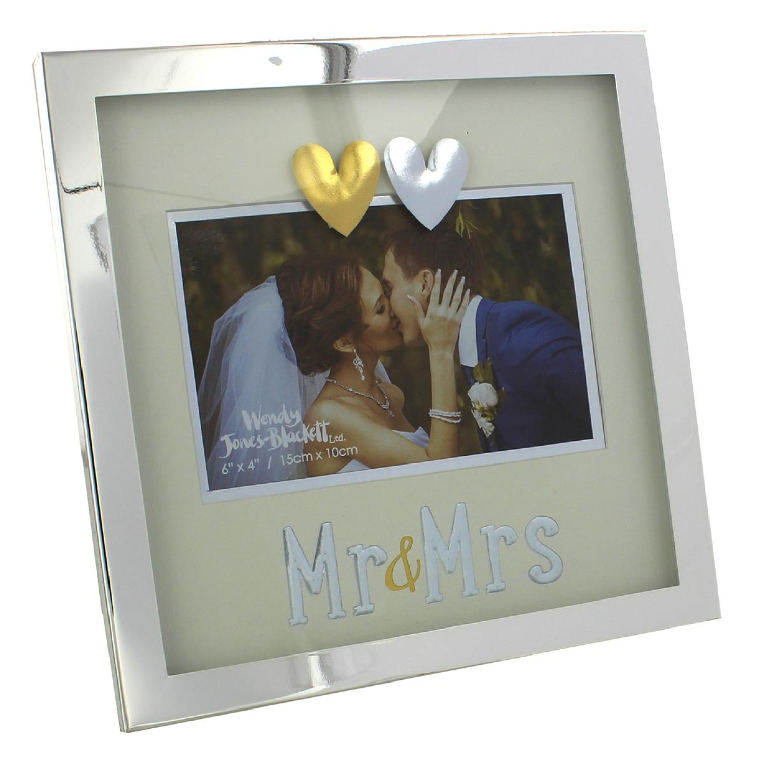 Der edle Fotorahmen "Mr & Mrs" mit 2 Herzen im exquisiten Stil - Versilbert