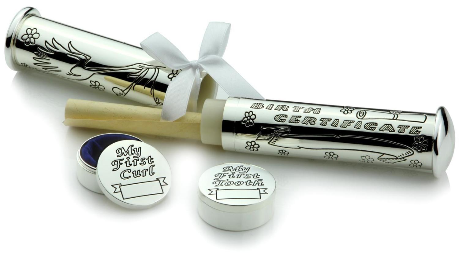 3 teiliges Geschenkset zur Geburt - Versilberte Zahn und Lockendose mit Geburtsurkundenhalter!