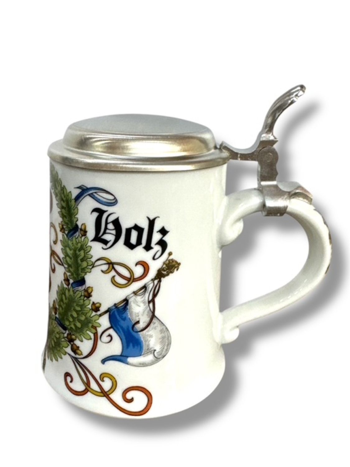 Bierkrug für Kegler mit Zinndeckel, Porzellankrug Gut Holz - Gravurfähig