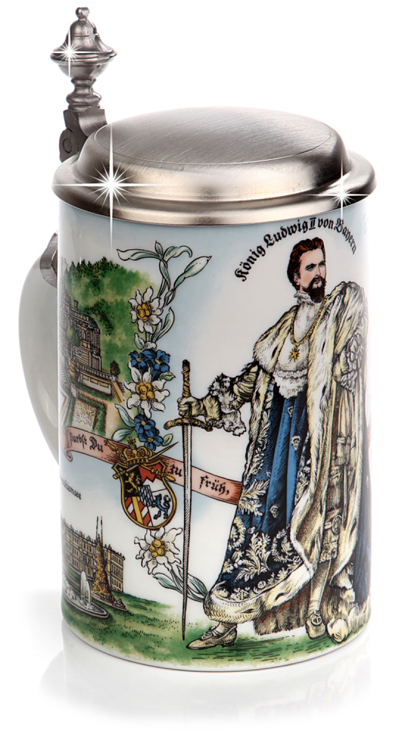 Bierkrug König Ludwig mit Zinndeckel - Porzellankrug Made in Germany