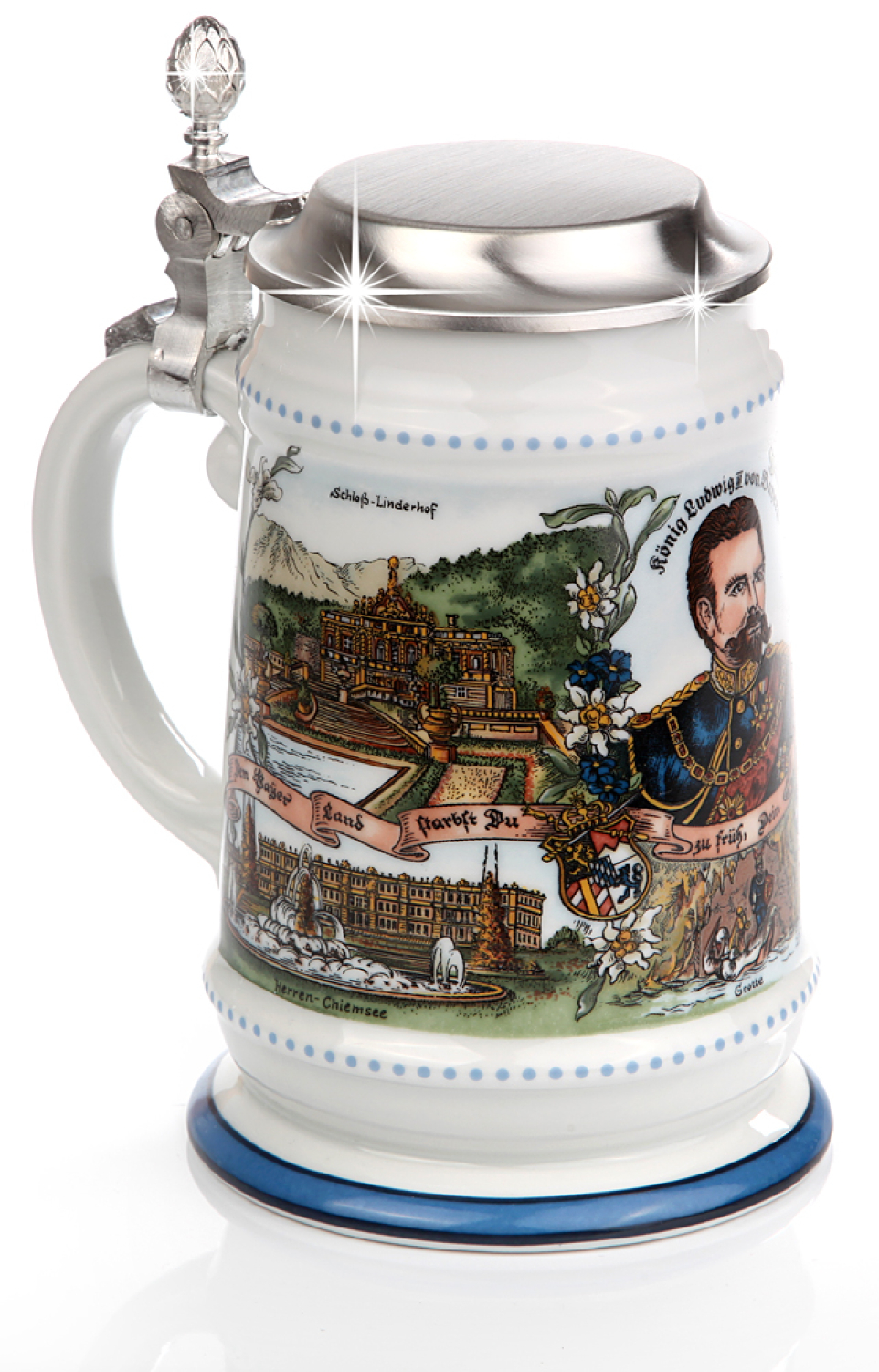 Bierkrug König Ludwig mit Grotte mit Zinndeckel - Porzellankrug Made in Germany