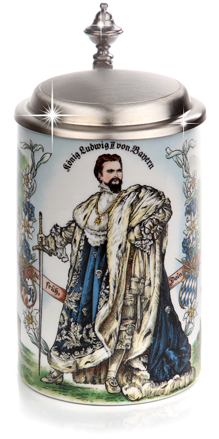 Bierkrug König Ludwig mit Zinndeckel - Porzellankrug Made in Germany