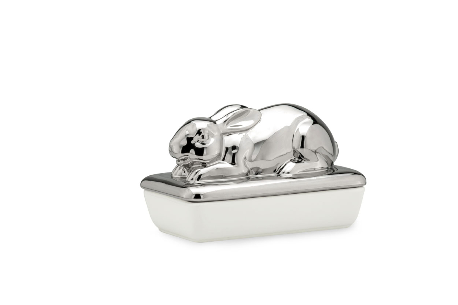 Porzellandose mit Hasendeckel, Dose mit Hasendeckel silber glänzend