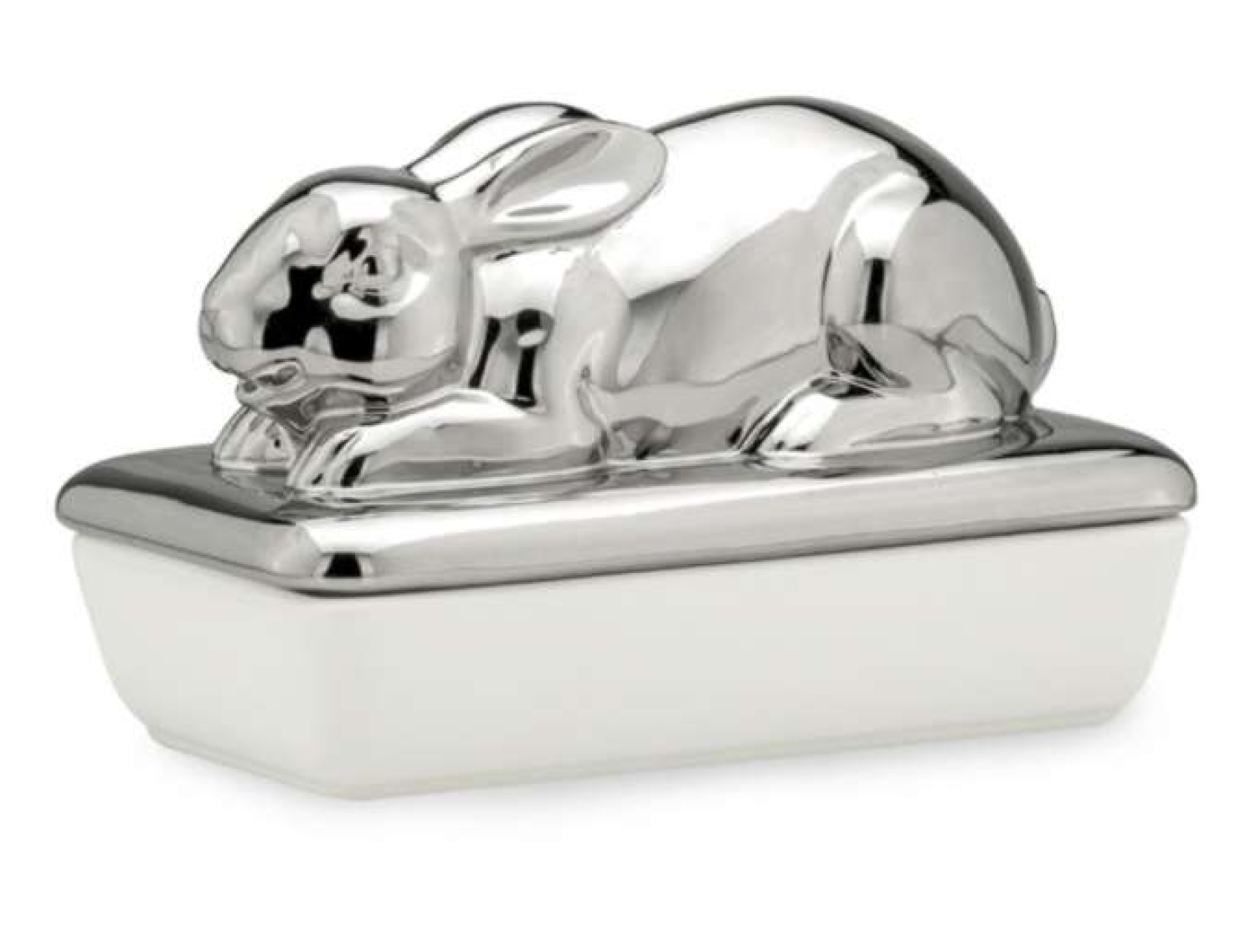 Porzellandose mit Hasendeckel, Dose mit Hasendeckel silber glänzend