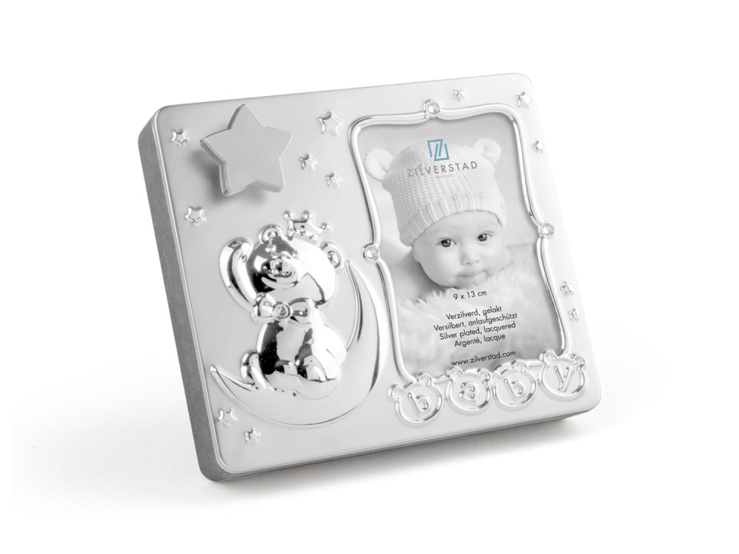 Der silberne Fotorahmen Baby mit Stern und Spieluhr