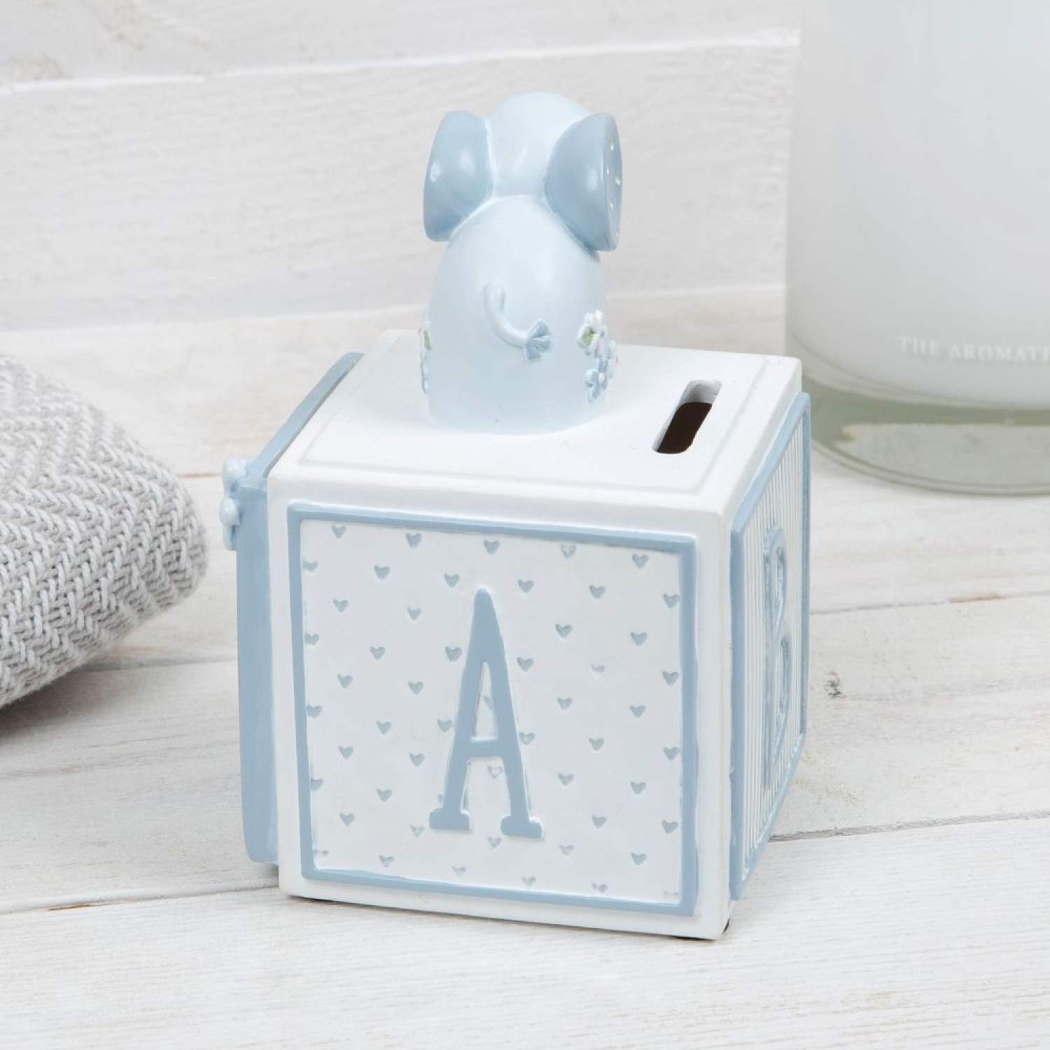 Spardose Buchstabenwürfel mit Bilderrahmen aus Resin - Hellblau