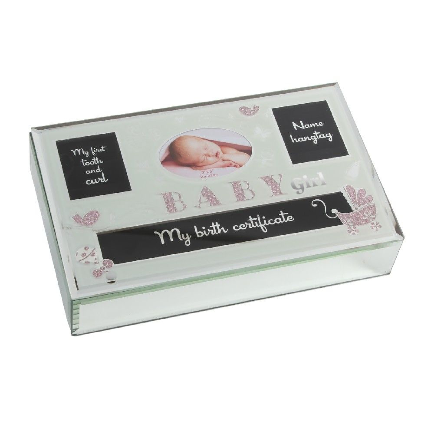 Baby Girl Erinnerungsbox aus Glas, verspiegelt mit Fotorahmen,