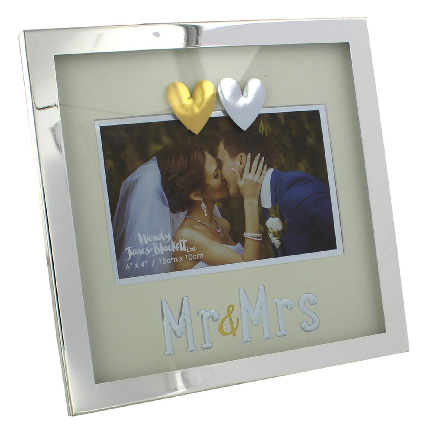 Der edle Fotorahmen "Mr & Mrs" mit 2 Herzen im exquisiten Stil - Versilbert