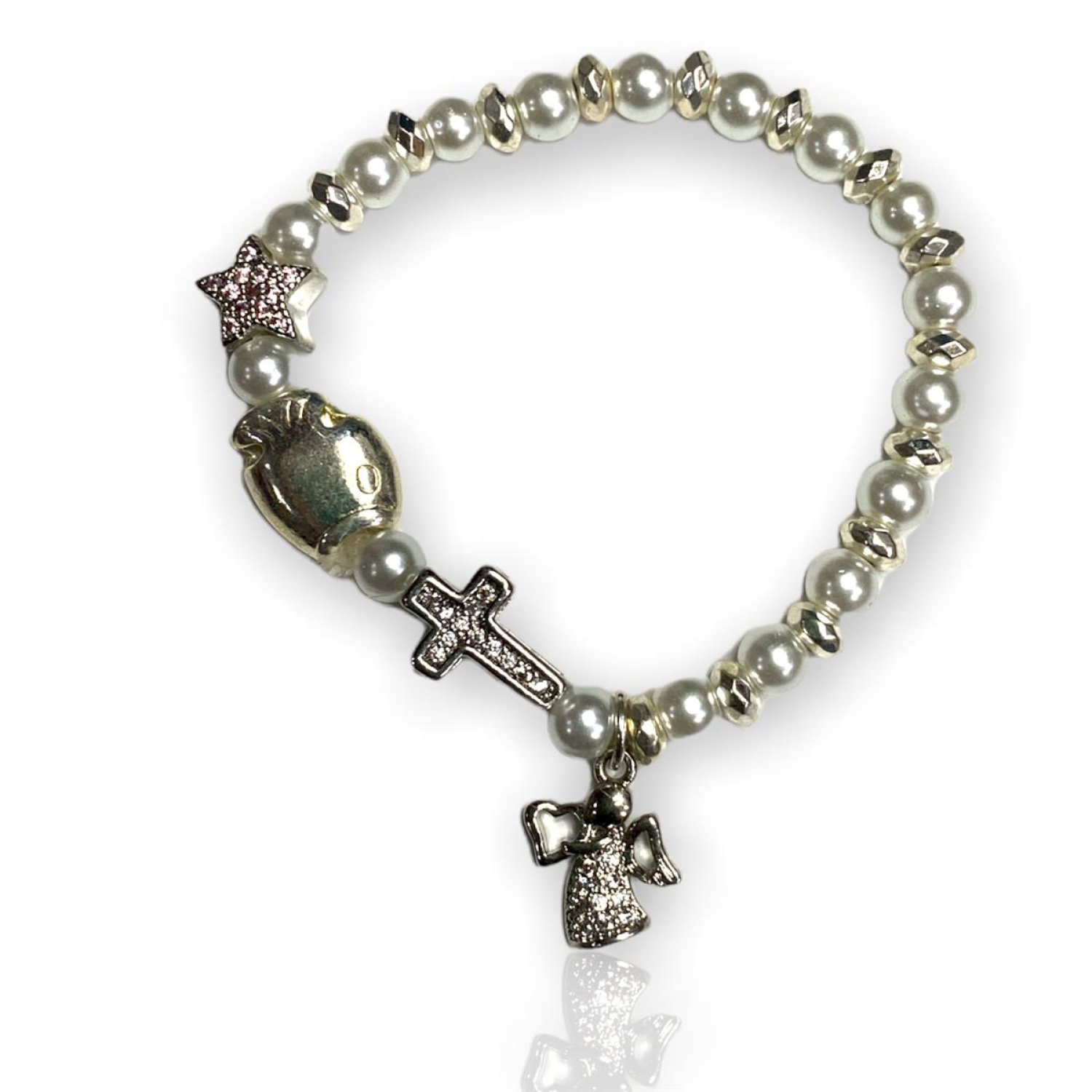 Taufarmband  für Mädchen, mit Schutzengel, Kreuz, Tauffisch und Stern mit Geschenkkarte