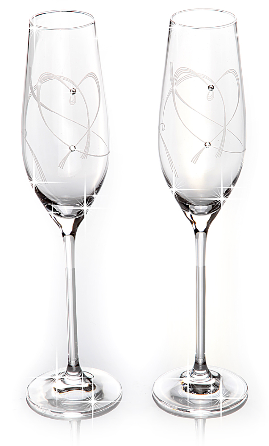 Geschenkset Sekt, Champagnergläser mit Kristallen und Herzgravur