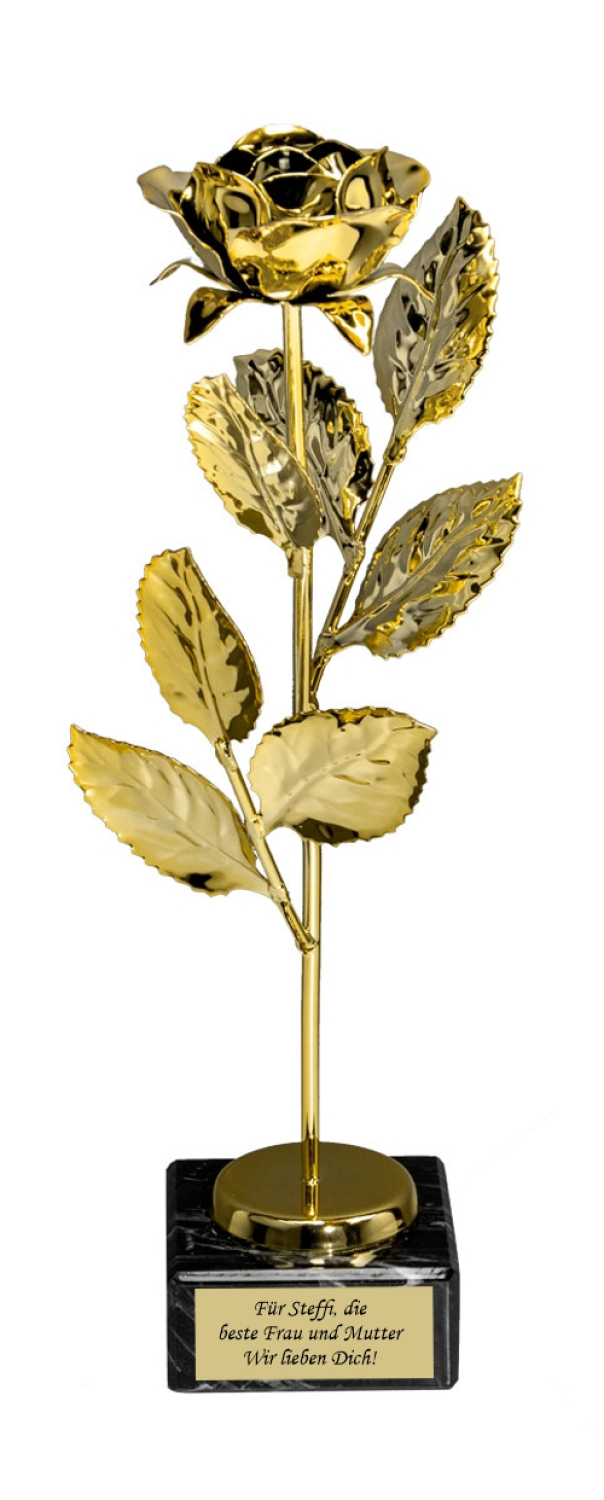 Goldrose auf Marmorsockel 28 cm - Rose aus Gold inkl. Gravurschild