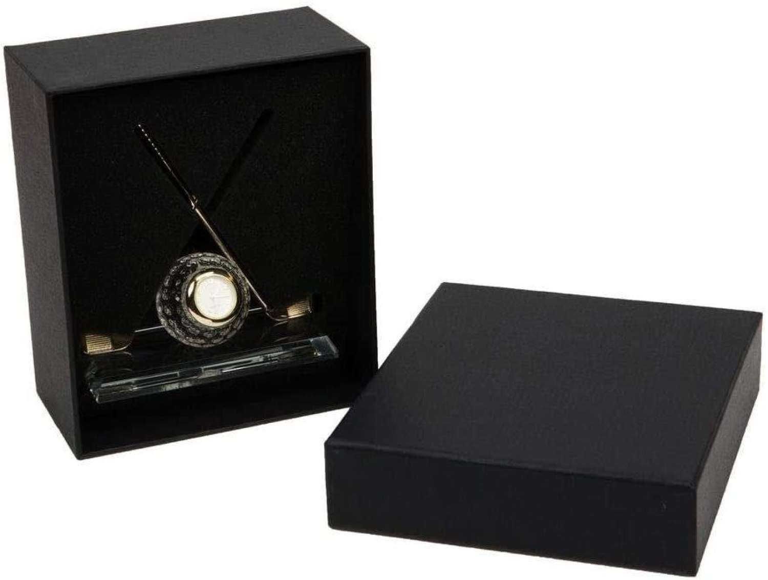 Die edle Miniatur Uhr Golfball mit Schläger auf Glassockel