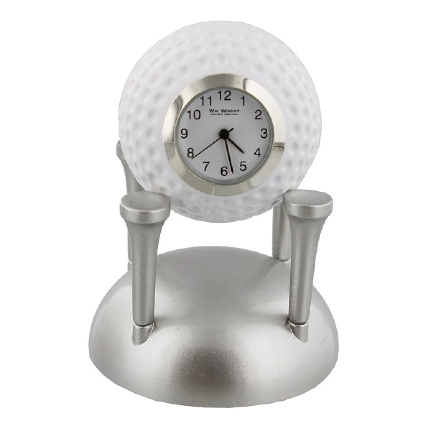 Die silberne Miniatur Schreibtischuhr Golfball auf Sockel mit Tees